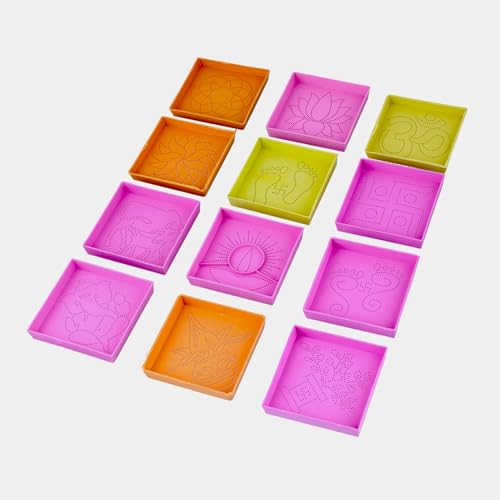 CRAFTAM Different Design Ready to Draw Rangoli Making Stencils, Rangoli Plastic Stencils for Floor Decoration (Set of 12, Size 3x3 Inch)