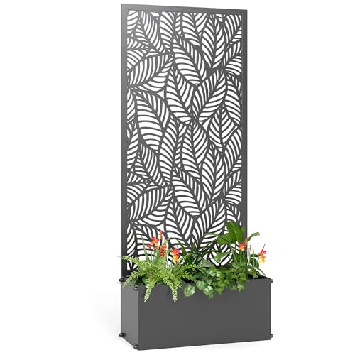 Outsunny Jardinière avec Treillis, bac à Fleurs, lit surélevé avec Brise-Vue, à Motif de Feuilles, pour Plantes grimpantes, légumes, Fleurs, métal,...
