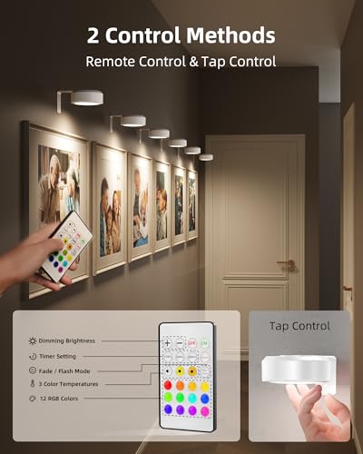 EZVALO Picture Lights for Wall,2000mAh Rechargeable Battery Magnetic Poster Lights with 3 Color Temps&12 RGB,Remote Dimmable Timer Painting Light - Image 6