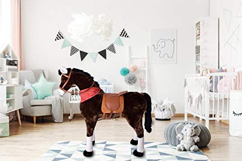 TE-Trend Pferde Spielzeug Schaukelpferd Pferd zum draufsitzen Stehpferd mit Reitpferd Zubehör Turnierschleife Spielpferd zum Reiten als Mädchen Geschenk mit 112cm Kopfhöhe Dunkelbraun