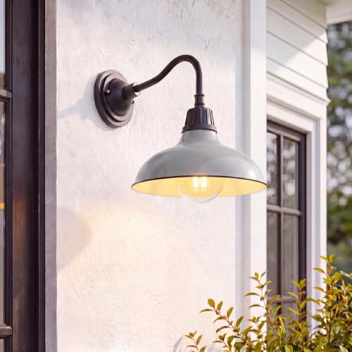 Image of JONATHAN Y 12.25 inch Gray /Black Farmhouse Industrial Outdoor Sconce, LED Gooseneck Wall Light for Porch, Metal Bowl Shade, Dimmable Vintage Exterior Fixture, LED Bulb Included (JYL7613D)