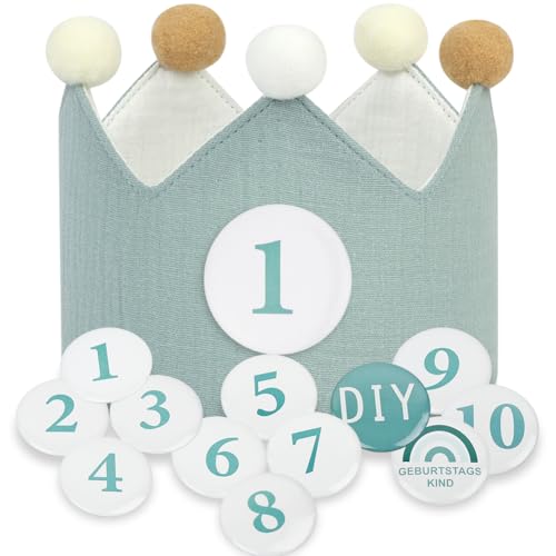Uraqt Corona Cumpleaños, Corona De Infantil Cumpleañoscon Números Intercambiables Del 1 Al 10 Niños Y Niñas, Con Ajustable Aniversario Años O Meses, Botones De Velcro, Verde Claro
