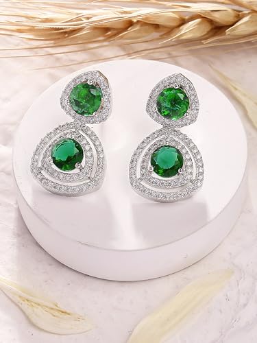 Image of Karatcart Silver Tone Green American Diamond Drop Earrings for Women