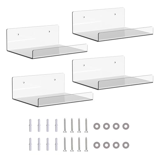 JDEA 4 Pack 6-inch Wall-Mounted Acrylic Shelves Suitable for Wall-Mounted Display Rack Storage Rack Suitable for Children's Bookshelf Room Wall Decoration Bedroom Kitchen Living Room