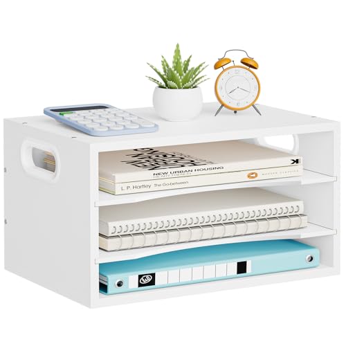 Marbrasse 3-Tier Wood Desk Organizer, Paper Letter Tray Organizer for Desk, Wooden Desktop File Organizer with Handle and Paper Sorter Mail Holder for Office School & Home Supplies Organization-White
