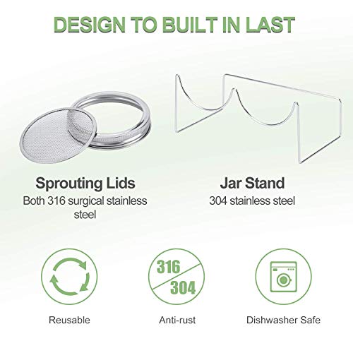 Image of Complete Mason Jar Sprouting Kit - 2 Wide Mouth Quart Sprouting Jars with 316 Stainless Steel Sprouting Lids, Drip Tray and Stand