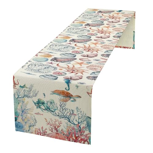 Sea Turtle Table Runner, Nautical Coast Underwater Sea Animal Theme Fishing Table Cloth for Home Kitchen Dining Table Decoration Party 13x36 Inch