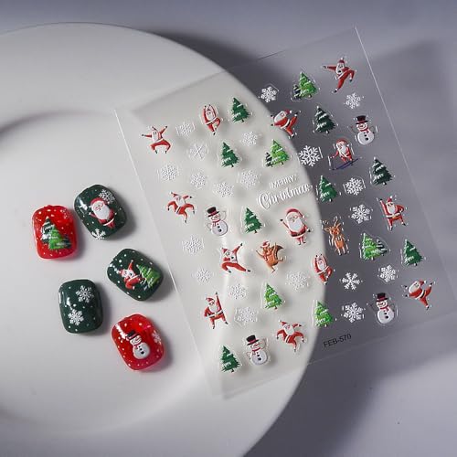 XMMXNBJ 5D Embossed Christmas Nail Art Stickers, Multicolor, Vinyl, Traditional Style, Glitter Finish, Waterproof, Single Use, Sheet, Cartoon Winter Pattern, Indoor Use, Nail Decals
