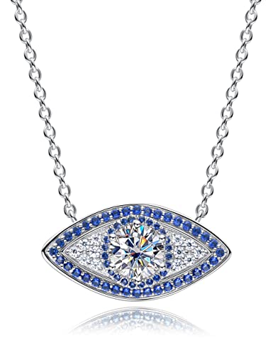 CannyCat Moissanite Evil Eye Pendant Necklace with 1.2 CTTW D color VVS Moissanite & Lab-Created Sapphire - Sterling Silver Chain 16'+2' Lucky Gift for Women