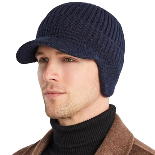 MLPKOI Gorro Invierno Hombre con Orejeras, Gorro de Invierno con Paraguas Gorro de Punto con Forro Polar Accesorios para Deportes Al Aire Libre (Azul Marino)