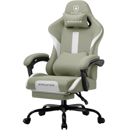 GTPLAYER Chaise de Gaming Ergonomique avec Appui-tête et Coussin Lombaire Cloud, rembourrée, avec Repose-Pieds, Fauteuil pivotant, capacité de 150 kg, Vert