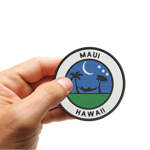Image of ISEE 360 Maui Hawaii Round Embroidery Sweable Patches Applique for Motorcycle Jackets Shirts Bags Jeans Top T Shirts Sweable Embroidered Patches for Any Type Garments ETC L x H 3 x 3 Inch