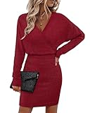 Bebonnie New Years Eve Dresses for Women 2025: Womens Sexy V Neck Batwing Sleeve Sparkly Cocktail Party Sweater Dresses Christmas Holiday Festive Elegant Evening Party Fancy Mini Bodycon Dress Wine L