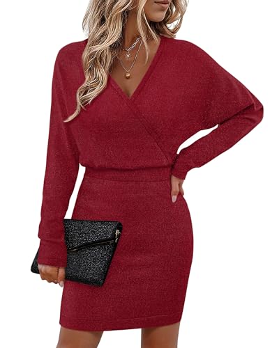 Bebonnie New Years Eve Dresses for Women 2025: Womens Sexy V Neck Batwing Sleeve Sparkly Cocktail Party Sweater Dresses Christmas Holiday Festive Elegant Evening Party Fancy Mini Bodycon Dress Wine L