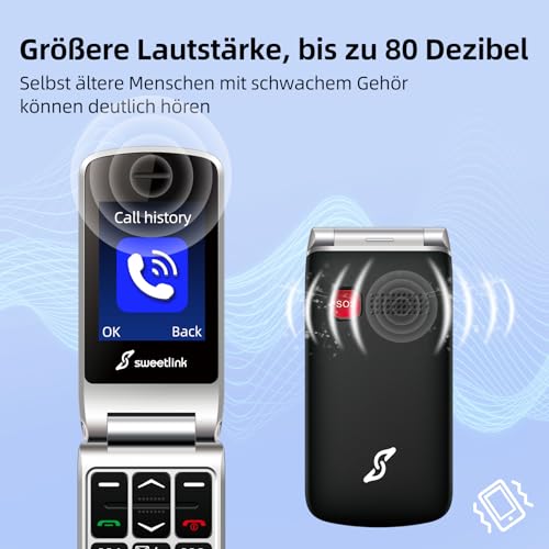 SweetLink F1PLUS Seniorenhandy Klapphandy Ohne Vertrag, Großtastenhandy mit Ladestation, GSM Flip...