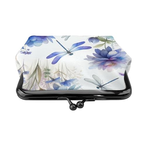 Pu Leather Buckle Coin Purse Watercolor-Flowers-Dragonflies Girls Kiss-Lock Change Purse Wallets2