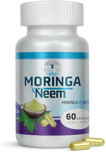Organic Neem & Moringa Leaf Powder Capsules | Green Superfood Supplement | Herbal Detox, Vegan, Non-GMO | Skin Health, Immune & Digestive Support | Natural Energy Boost | 60 Organic Moringa Capsules