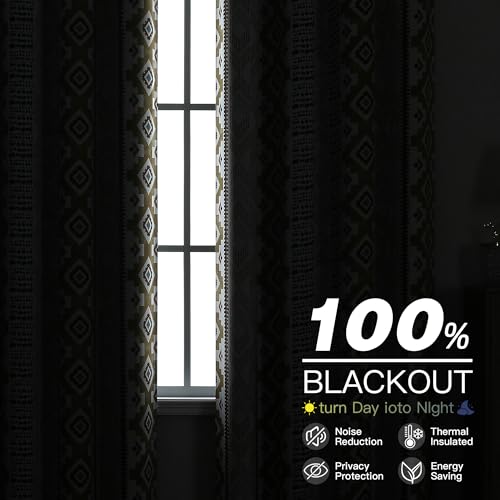 Image of XiDi 100% Blackout Curtains for Bedroom 84 Inches Long 2 Panels Farmhouse Vintage Tan Geometric Patterned Brown Blackout Curtains for Living Room Thermal Insulated Grommet Window Boho Drapes, 52x84
