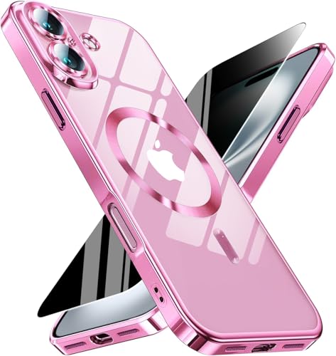 Image of Magnetic for iPhone 16 Plus Case with Privacy Screen Protector & Full Camera Cover,[Non-Yellowing] Plating Shockproof Clear Phone Case with Women Girls for iPhone 16Plus 6.7 inch,Hot Pink