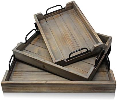 3 Pie­ce Decorative Nested Vintage Wood Serving Tray Set For Coffee Table or Ottoman – Rustic Wooden Breakfast Trays For Kitchen, Dining Room, or Living Room – Farmhouse Platter w/Handles - Barnwood
