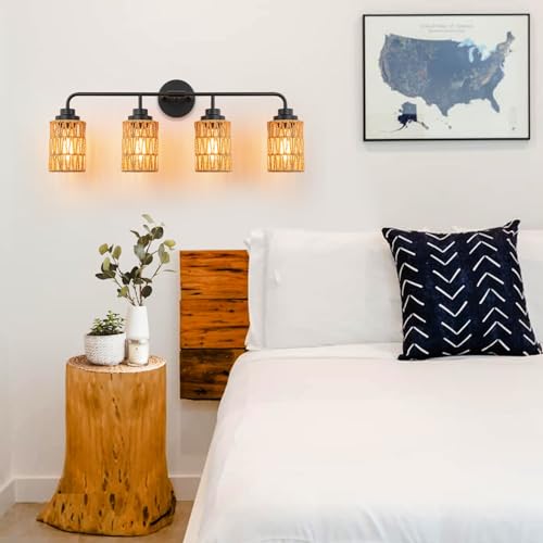 Image of Farmhouse Bathroom Light Fixtures, 4-Light Boho Vanity Lighs Over Mirror | with Hand-Woven Rattan Wicker Shades, Rustic Lighting for Bedroom Kitchen Hallway Restroom Bathroom