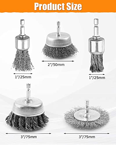 WENHUALI 5 Pcs Drill Wire Brush Set, Heavy Duty Wire Brush Wheel for Drill, 1/4'' Hex Shank Wire Brush Drill Attachments Coarse Carbon Steel Crimped, Great for Cleaning Rust, Paint, Abrasive