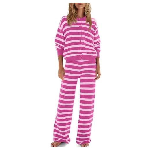 ReachMe Womens Oversized Striped 2 Piece Sets Button Up Cardigan and Wide Leg Pants with Pockets Fall Pajama Outfit(Pink Purple Combo,M)