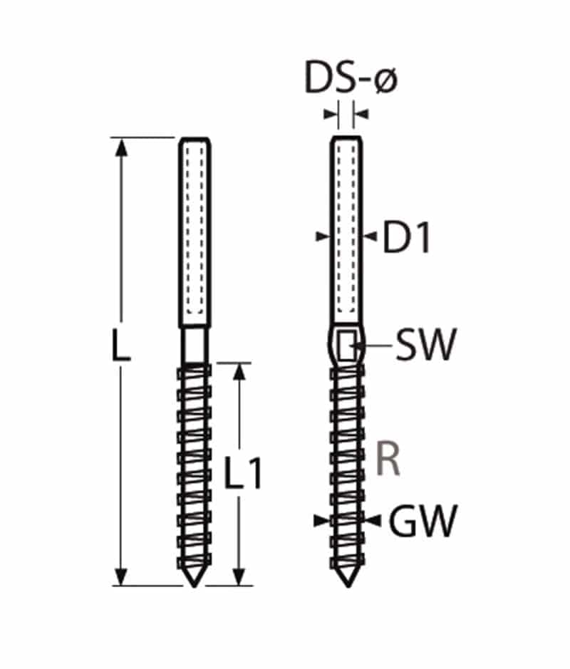 Yacht Steel Terminal Mit Holzgewinde, Rechtsgewinde, Edelstahl A4/AISI 316 - Für 3mm Seil, Länge 97mm