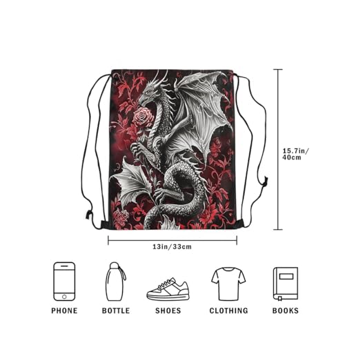 Image of jejeloiu Medieval Fantasy Dragon Drawstring Backpack 13x15.7inch Red Rose Waterproof Gym Drawstring Bags Damask Print Sports String Backpack Beach Swim Travel Bag Sackpack