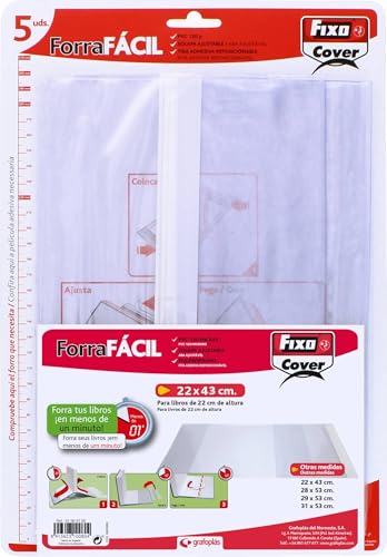 Fixo Cover - Forro de Libros Ajustables Forra Fácil, 5 Unidades, 22x43cm, Solapa Ajustable, PVC 130 Micras, Transparentes, Perfectas para Proteger tus Libros Escolares