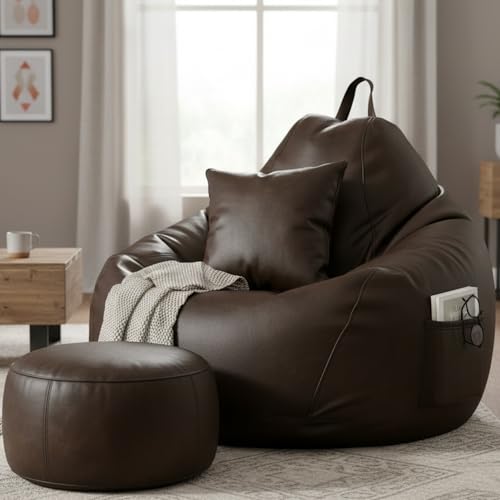 Image of KAM'S LIEU 5XL Bean Bag Combo with Footrest & Cushion | Filled with High Density EPS Beans | Comfortable Sofa for Living Room & Bedroom | 6 Months Warranty, Color- (Brown, 5XL, Classic)