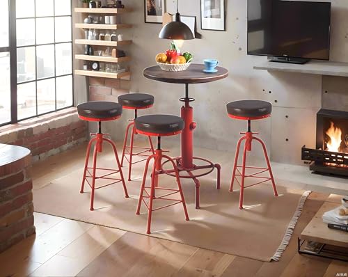 Topower 5-Piece Industrial Pub Bar Set with Adjustable Height Table and PU Leather Stools for Dining Room, Living Room, and Coffee Shop, Antique Red