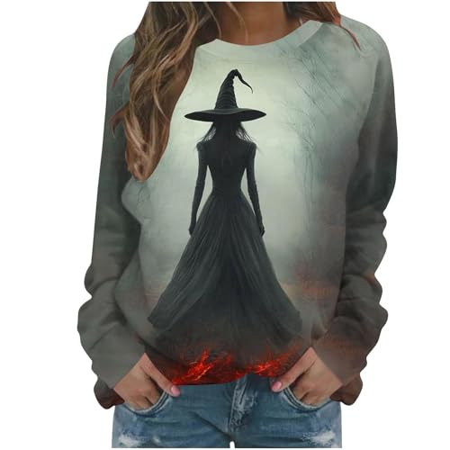 Image of Sweatshirts Halloween Shirts for Women Gather Party Tshirt Halloween Graphic Tees Full Moon Art Print Shirt (Grey, XL)
