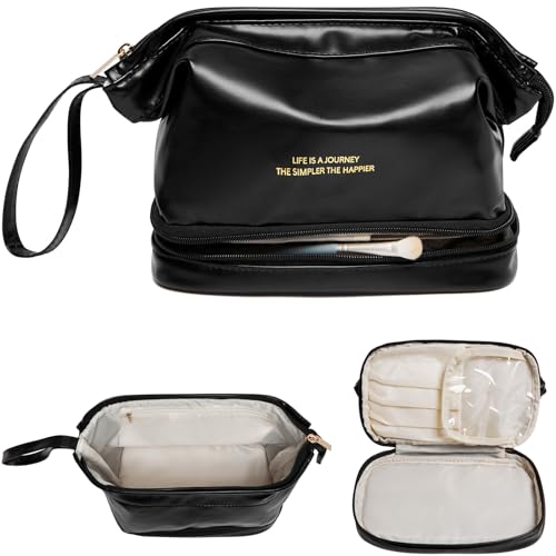 TFKGS Large Makeup Bag Cosmetic Bag, Waterproof Travel Toiletry Bag for Women, PU Leather Make up Organizer with Bottom Pouch, Travel Size Toiletries Bag Black