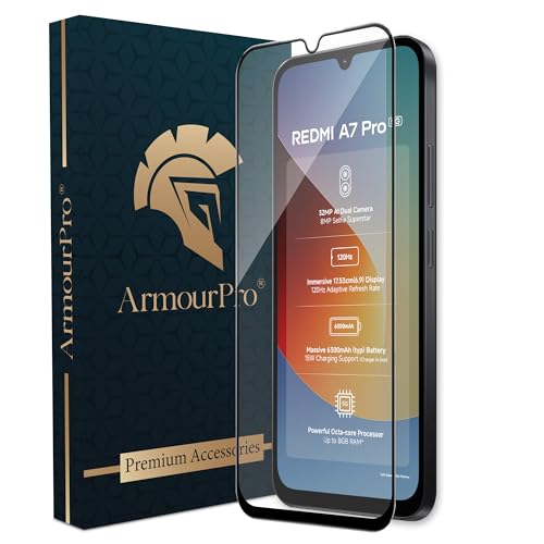 Image of ArmourPro Tempered Glass for Redmi A7 Pro - 9H Screen Protector with Black Border, Anti Scratch, Edge-to-Edge Coverage, HD Clarity, Smooth Touch, Case Friendly | Black
