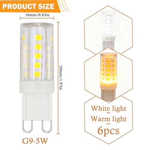 G9 LED Bulbs 5W Warm White G9 Light Bulbs Equivalent to 40W-50W Halogen 3000K CRI>80 500LM 360° Beam Angle No Flicker Non-Dimmable Energy Saving for Home Lighting Decor Chandelier Ceiling, 6 Pack