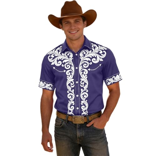 Camisa Vaquera Occidental de Manga Corta con Estampado para Estilo Casual de Campamento y Diseño Clásico CanesúVersatilidad para Cada Momento del Día