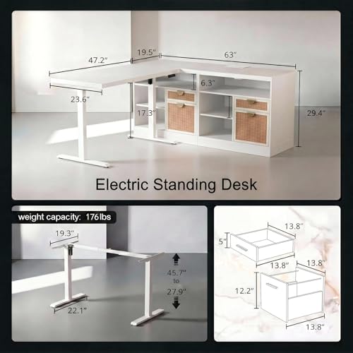 Image of ModernMate 67 inch L Shaped Electric Standing Desk with 4 Drawers, Corner Executive Workstation with 2 File Cabinets, Height Adjustable with AC /USB for Home Office, 1.18 inch One-Piece Desktop, White Rattan