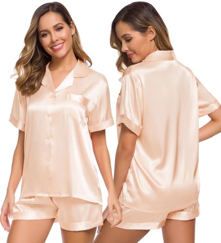 Image of SWOMOG Womens Silk Satin Pajamas Set Short Sleeve Sleepwear Button Down Top and Shorts Loungewear 2 Piece Pjs Set XS-3XL
