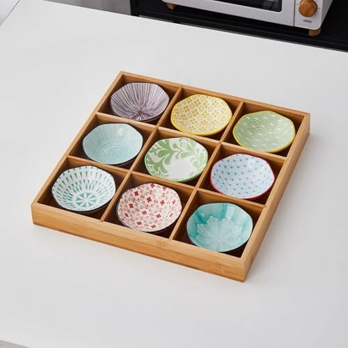 Deronderお皿 小皿セット和風 小皿セット 竹トレイ 陶器 前菜皿 深型 仕切り付き 天然木 9点セット小鉢 醤油皿 前菜皿 盛り鉢 和食器 セラミック アイスクリーム ソース皿 火鍋 焼肉屋 寿司屋 食洗機 (E)