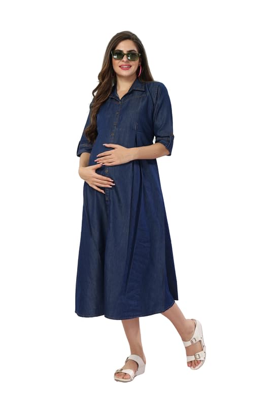 Maternity Fit and Flare Midi Three-Quarter Sleeves Dress for Women-image-23