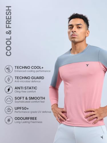 Image of TECHNOSPORT Men Colorblock Slim Fit Round Neck T-Shirt with TECHNOCOOL+ (Light Blue) Gym Tee Dry Fit T Shirt for Men Sports Top for Him