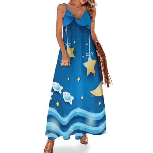 Robe Longue Étoiles Lune Nuit d'Été sans Manches pour Plage et Voyages