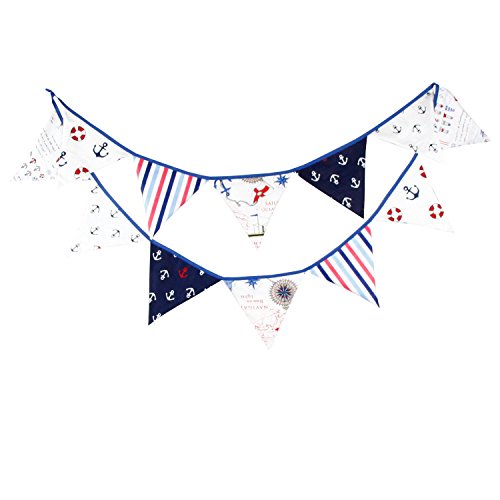 JZK 3.5m Bleu Bruant de fête Drapeau Triangle bannière en Tissu Drapeaux Fanion chaîne pour baptême d'anniversaire de garçon Baptême Thème Marine Pirate...