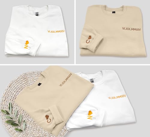NACRE APPAREL Roman Numeral Sweatshirt Cutom Matching Embroidered Date Initial Sleeve Couples' Gifts Hoodie Engagement2