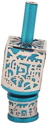 Yair Emanuel Decorative Dreidel on Base Turquoise Anodized Aluminum with Silver Metal Cutout Jerusalem Design Hanukkah Dreidel Spinning Top, Size Small