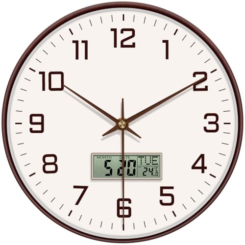 STAR WORK 12" Inch Modern Silent Non-Ticking Wall Clock with Analog & Digital Display | Large Easy-to-Read Number | Round Grain Design for Living Room, Office, Bedroom, Kitchen (White - Brown Digital)