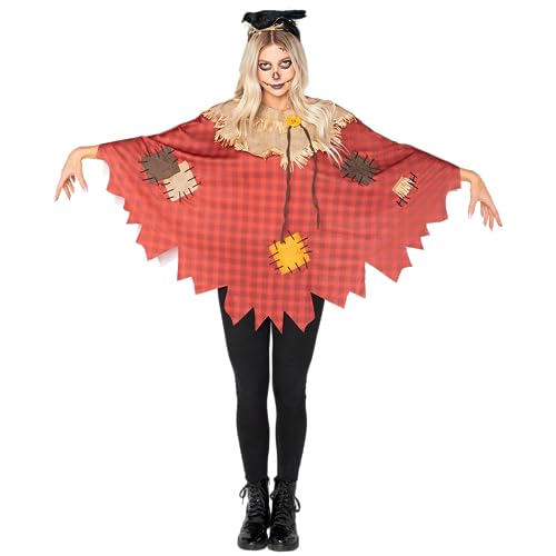 Spooktacular Creations Halloween Adult revisó el disfraz de poncho de espantapájaros de miedo con parche y diadema de lujo para mujeres