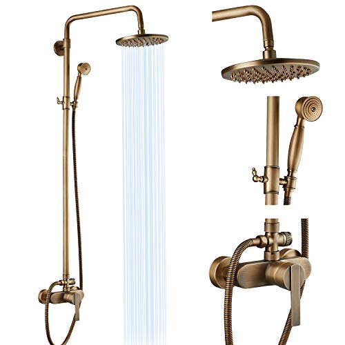 Airuida Antique Brass Exposed Pipe Shower System Shower Fixture Single handle 8 Inch Rainfall Shower Head Shower Faucet Adjustable Shower Head Bar Modern Dual Functions Combo Unit Set