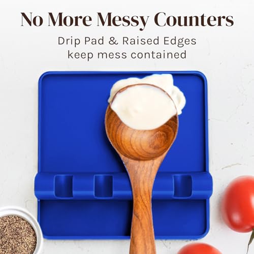 Image of Cooler Kitchen Blue Silicone Spoon Rest for Stove Top with Drip Pad (Two Pack) - Heat Resistant BPA Free Utensil Rest & Spoon Holder for Kitchen Counter - Grill Utensil Holder - Spatula Holder